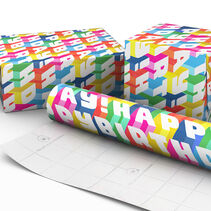 Brightly colored wrapping paper with a repeating "happy birthday" message