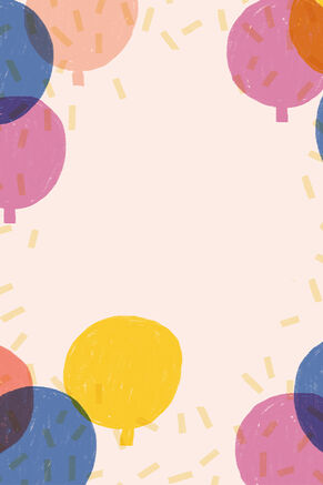 Light pink background with colorful balloons and confetti border