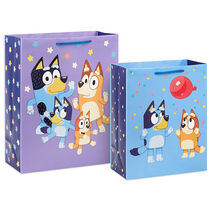 Bluey-themed blue and purple party gift bags