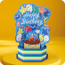 Pop-up card of a birthday cake and balloons with Happy Birthday' in white lettering