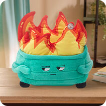 Grumpy looking plush dumpster with plush flames coming out the top.
