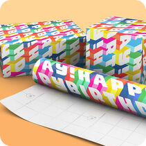 Repeating white Happy Birthday' with rainbow drop shadows.